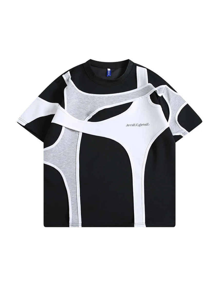 Man's black loose-fit T-shirt with short sleeves, round neck, and padded shoulder straps.