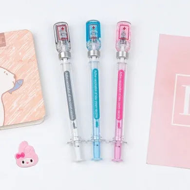 Vaccine design gel pen with syringe-styled plastic barrel and black 0.5mm refill