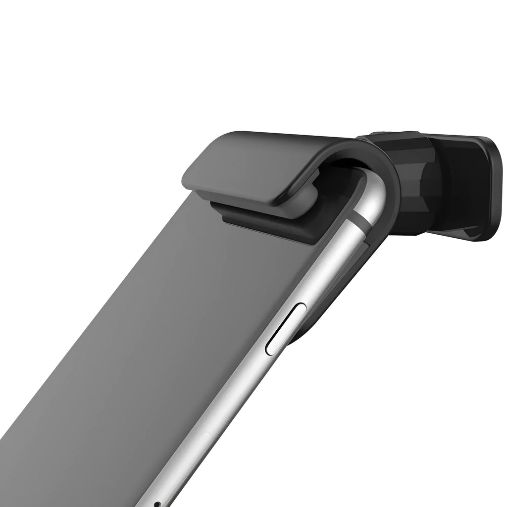 Black gravity car phone holder with 360-degree rotating head mounted on a car air vent.