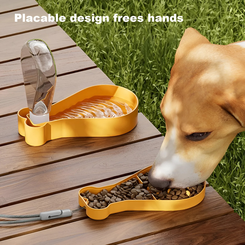 Orange and white portable pet water feeder with food container for dogs and cats outdoor use