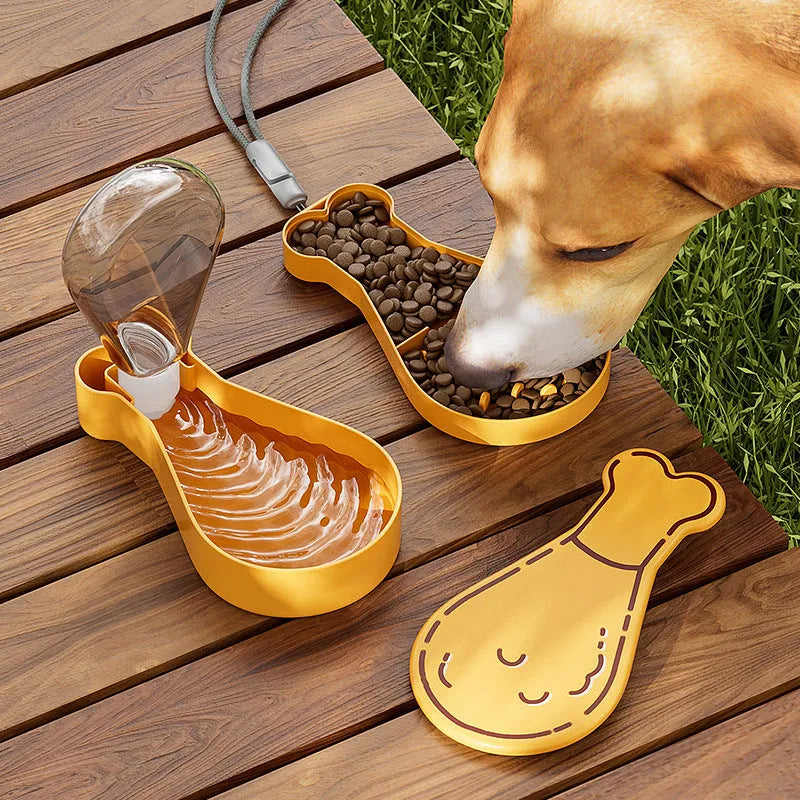Orange and white portable pet water feeder with food container for dogs and cats outdoor use