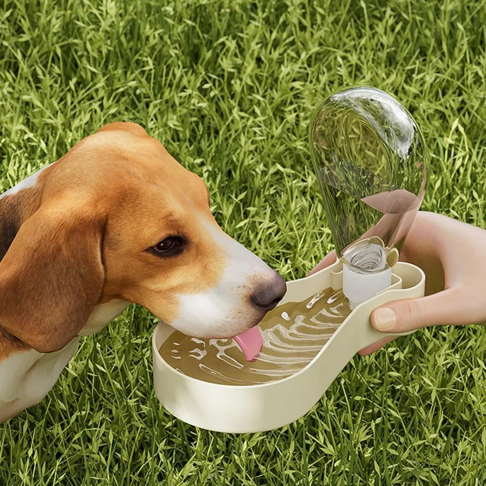 Orange and white portable pet water feeder with food container for dogs and cats outdoor use