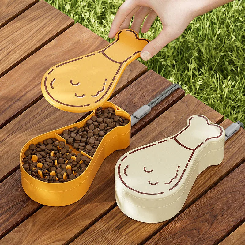 Orange and white portable pet water feeder with food container for dogs and cats outdoor use