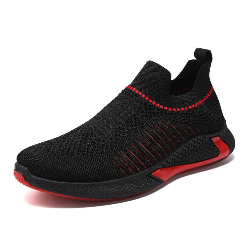 Men's mesh slip-on sneakers with striped design and front lace-up in black colour