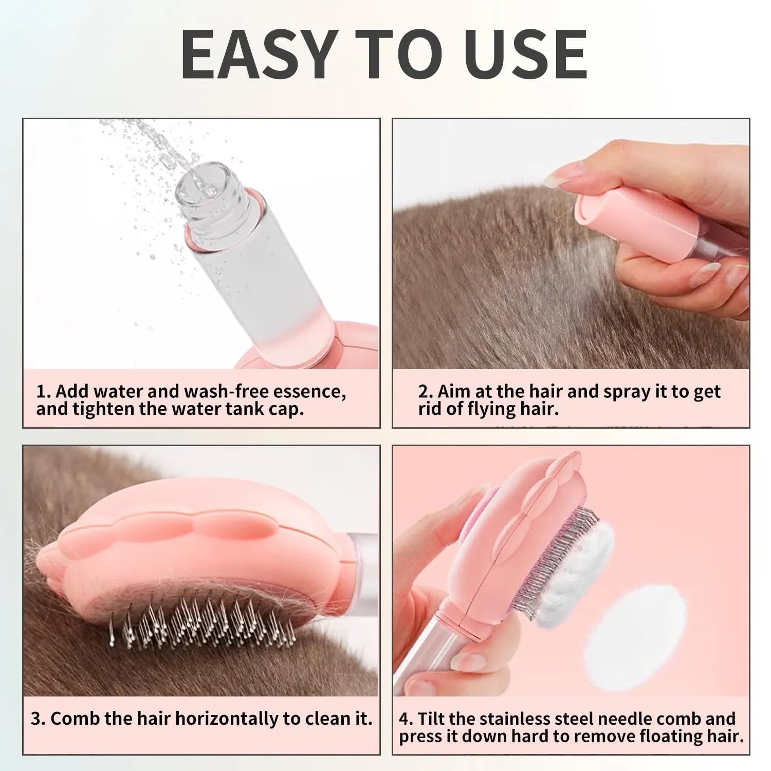 Self-cleaning spray cat grooming brush with stainless steel bristles in grey, green, and pink colour options.