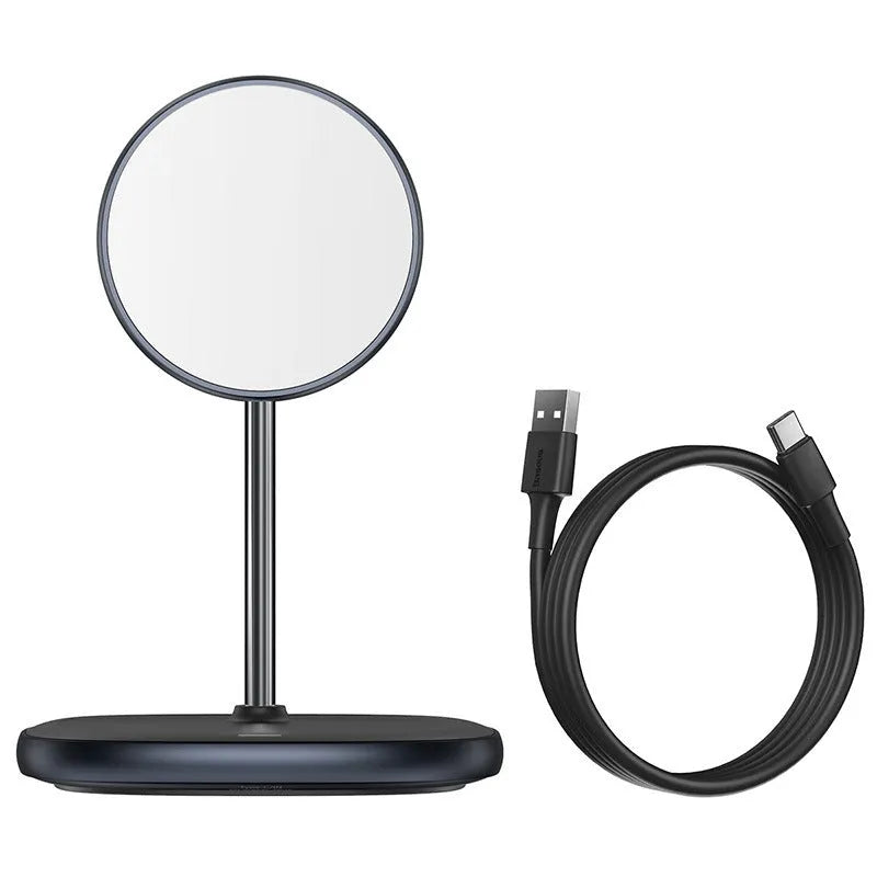 Black and white magnetic wireless charger stand for iPhone 12 with stainless iron base and Type-C cable