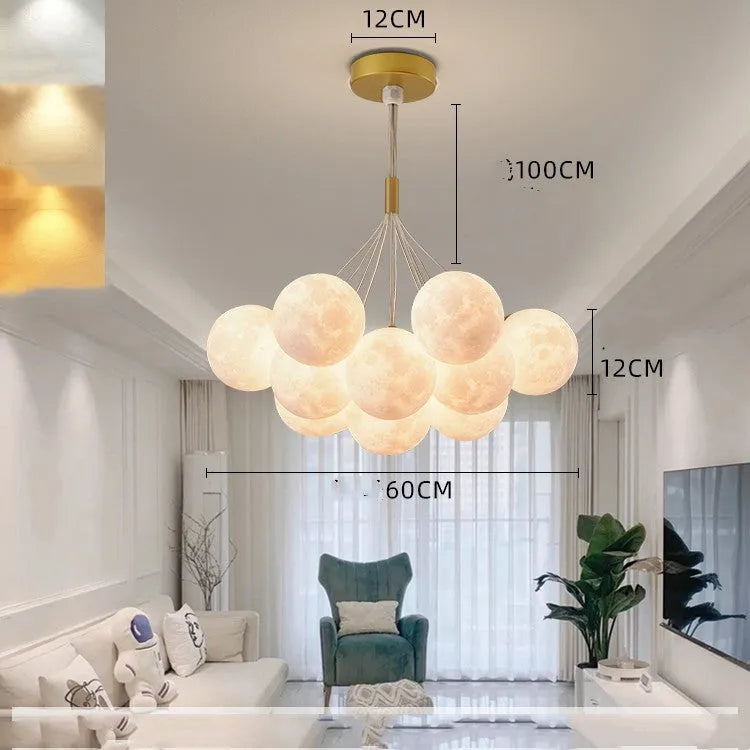 Nordic moon bubble LED chandelier with iron frame and PMMA lampshade in gold or black finish