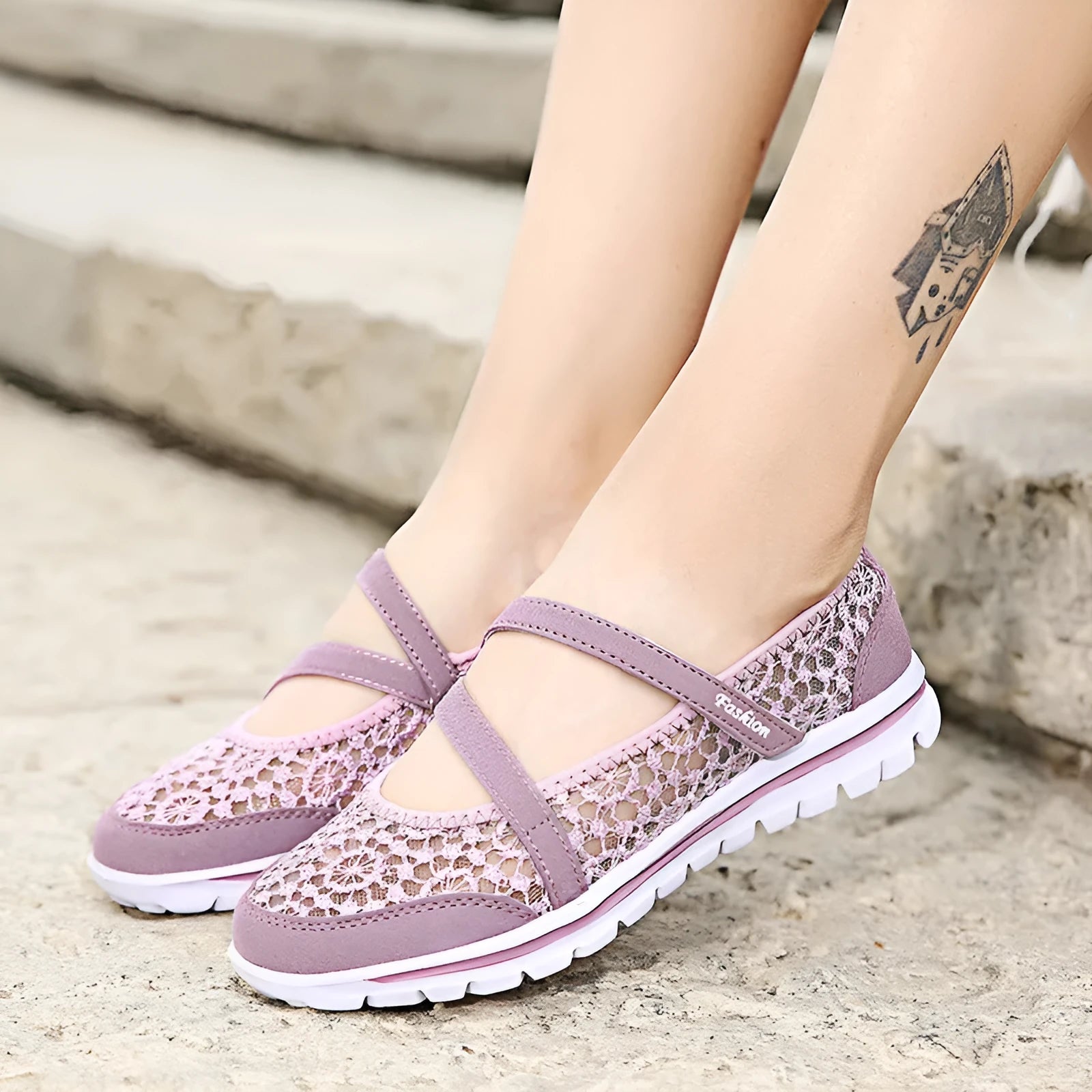 Women's mesh casual shoes in beige colour with round toe and flat heel design