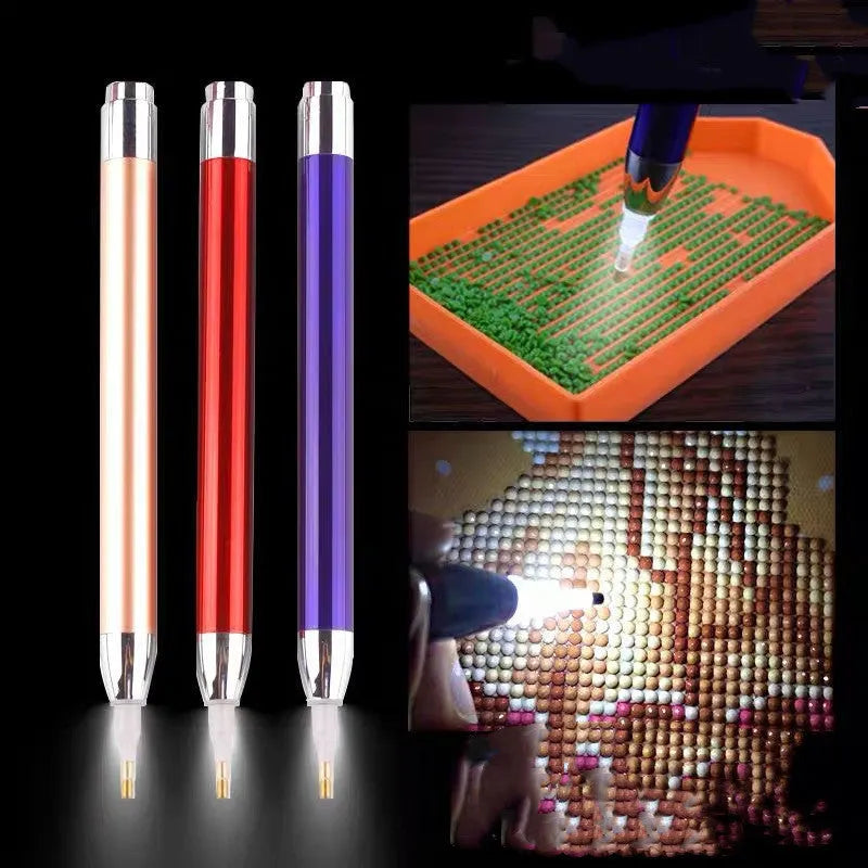 Luminous diamond painting drill pen with aluminium alloy construction and metal frame in blue, gold, or red colours