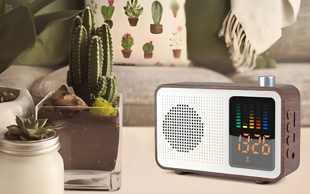 Brown wooden retro Bluetooth speaker with AM/FM radio, brass tuning dials and analogue display