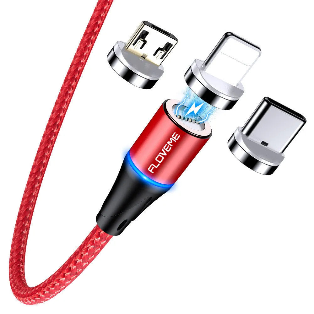 A black magnetic fast-charge data cable with LED light on the connector, next to a smartphone.