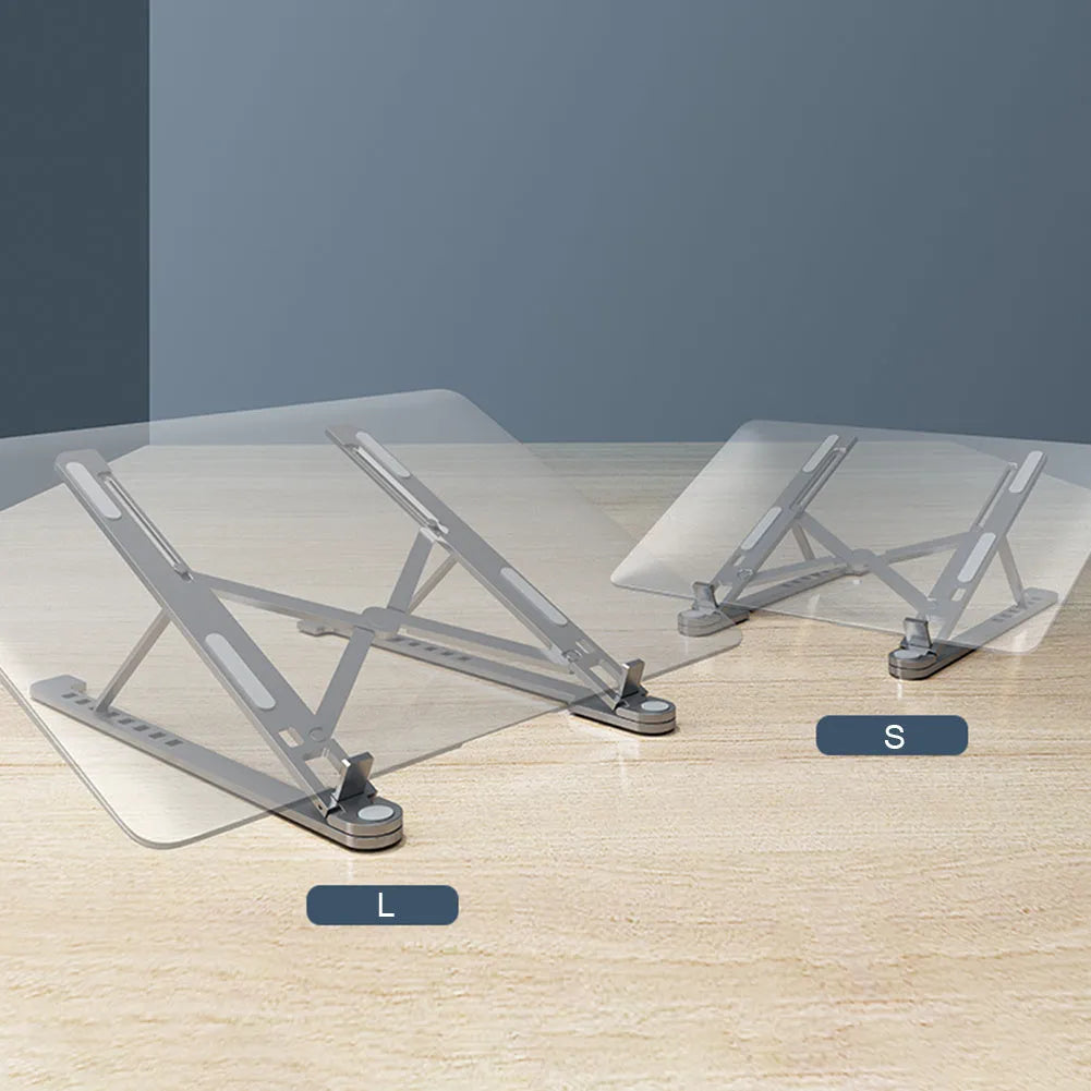 Aluminium alloy foldable laptop stand shown adjusted to different heights with laptop and tablet