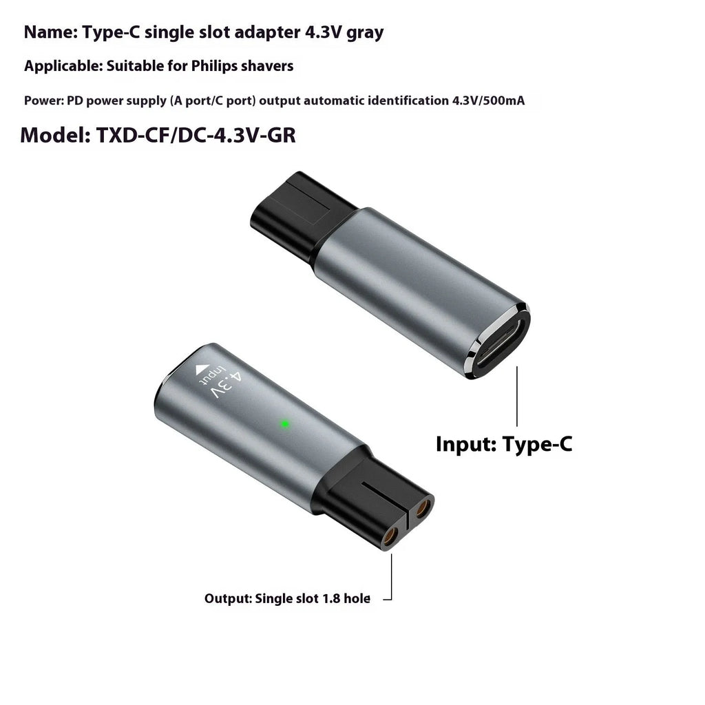 Black and gray aluminium alloy USB C charging adapter for 4.3V electric shavers and hair clippers.
