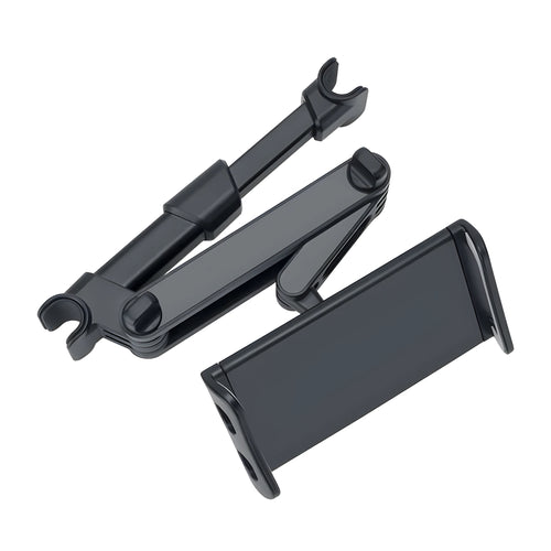 Black car headrest-mounted phone and tablet holder with universal snap-in silicone cradle.