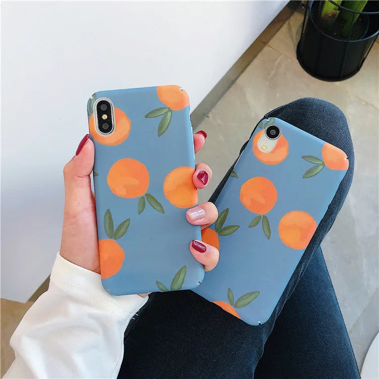 Retro orange design on blue plastic iPhone back cover case for multiple models.