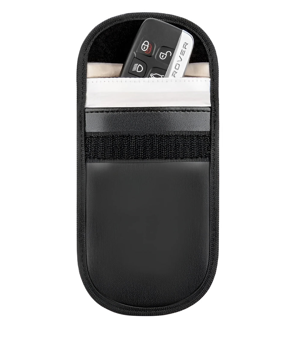 Black microfiber Faraday cage bag for blocking car key fob and RFID signals.