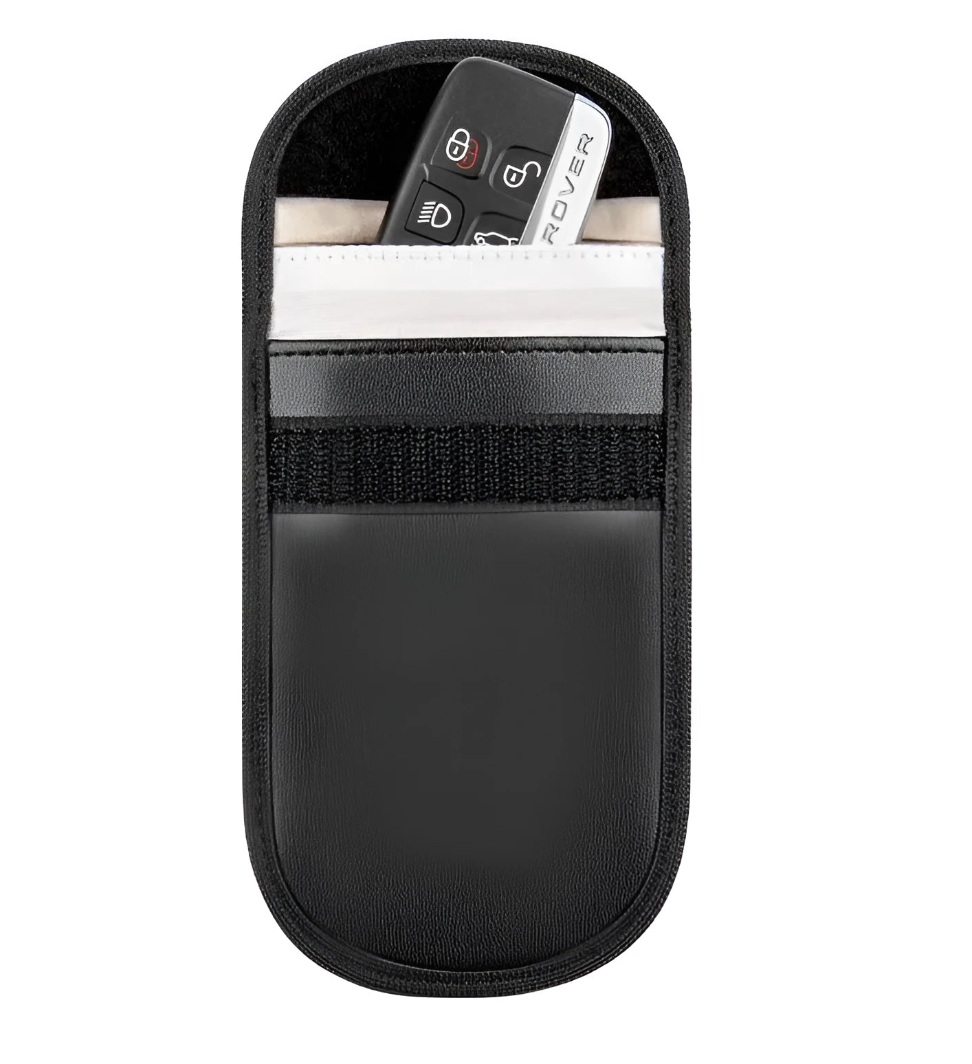 Black microfiber Faraday cage bag for blocking car key fob and RFID signals.