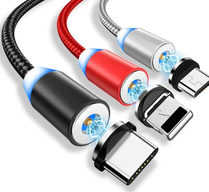 Black magnetic charging cable with LED light and aluminium connectors showing magnetic tip attachment