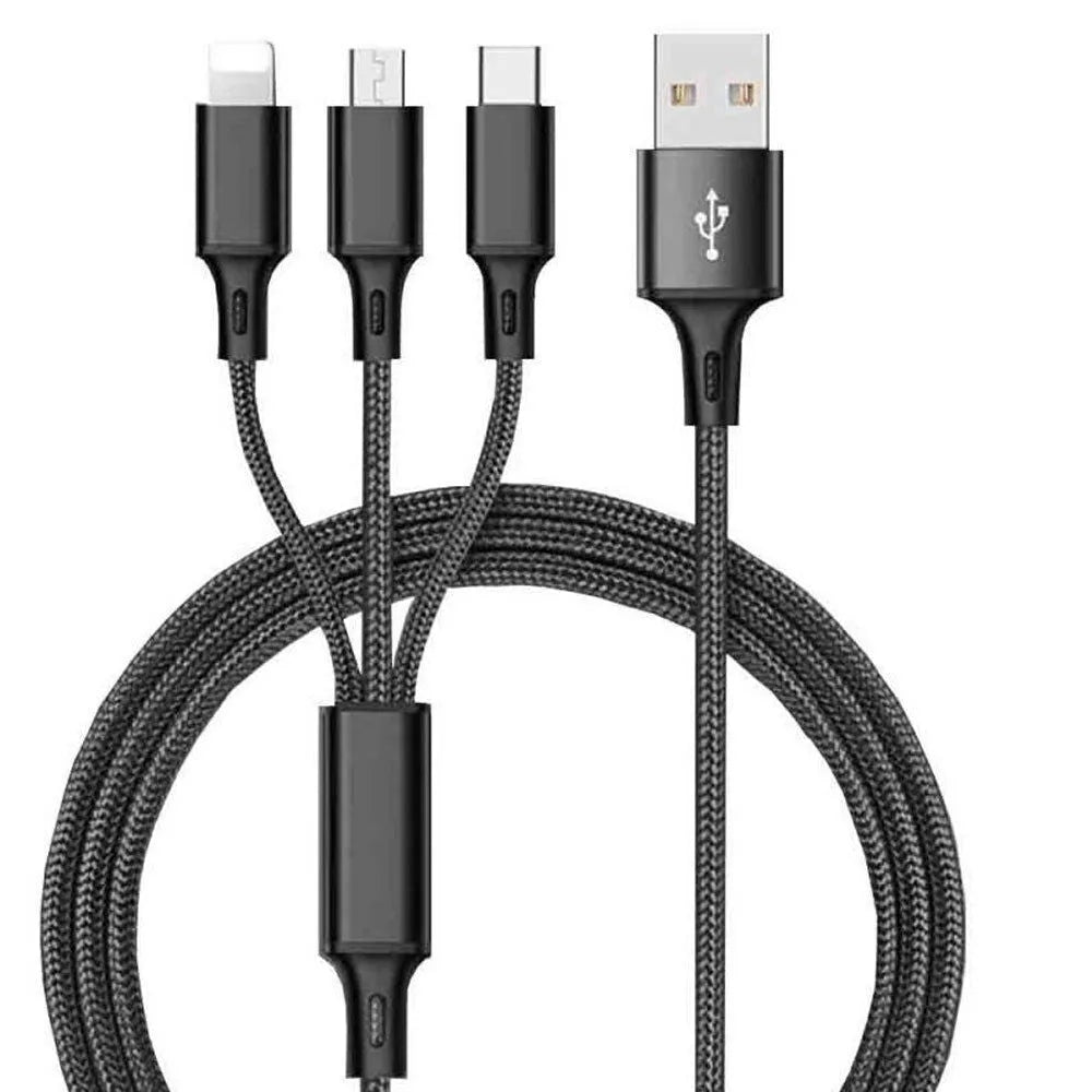 Braided 3-in-1 data cable with aluminium alloy connectors showing red, blue, silver and black colour options