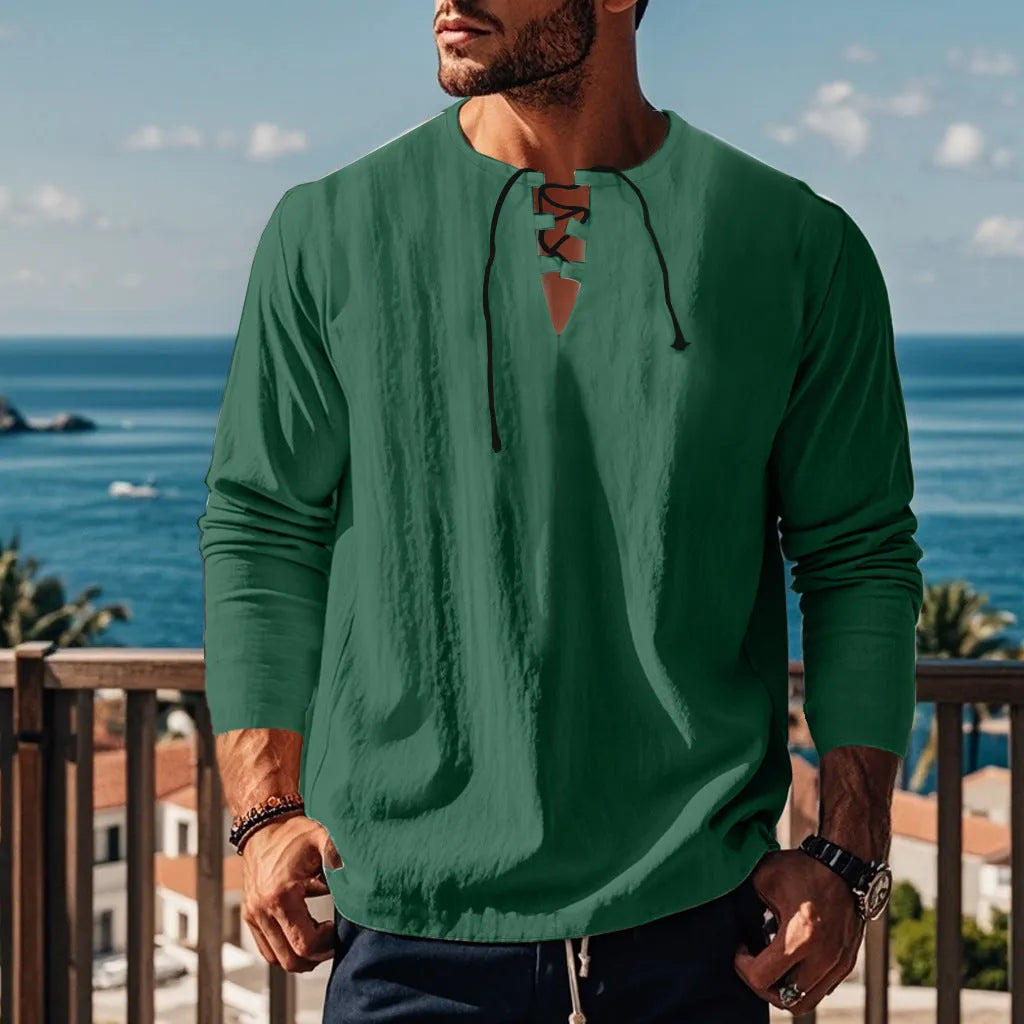 Men's solid colour cotton linen beach shirt in loose fit pullover style