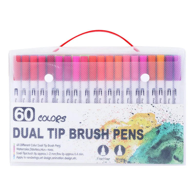 Set of watercolour pens in various colours arranged in a case, showing plastic barrels and fine tips.