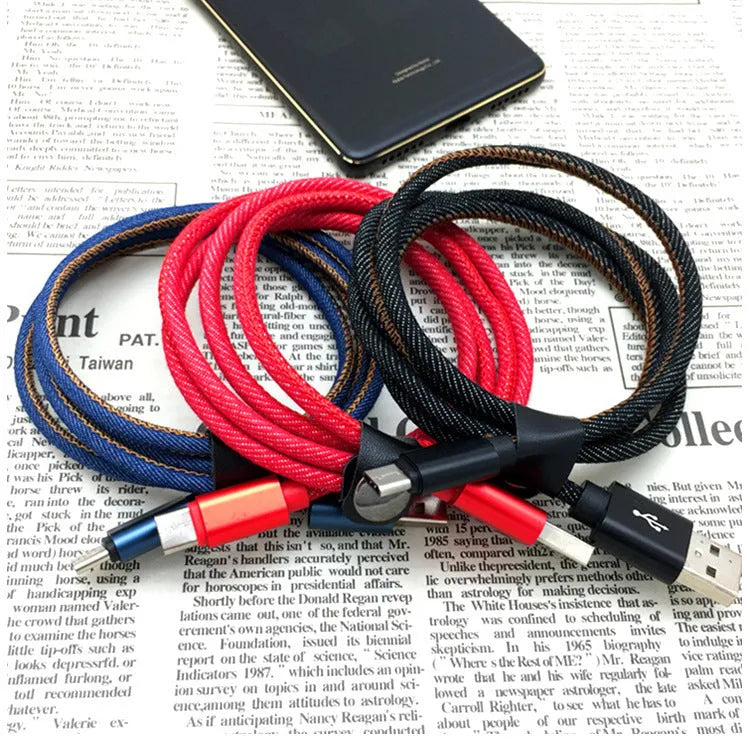 Denim braided USB Type-C cable with aluminium connectors in black, blue, or red, showing length options.