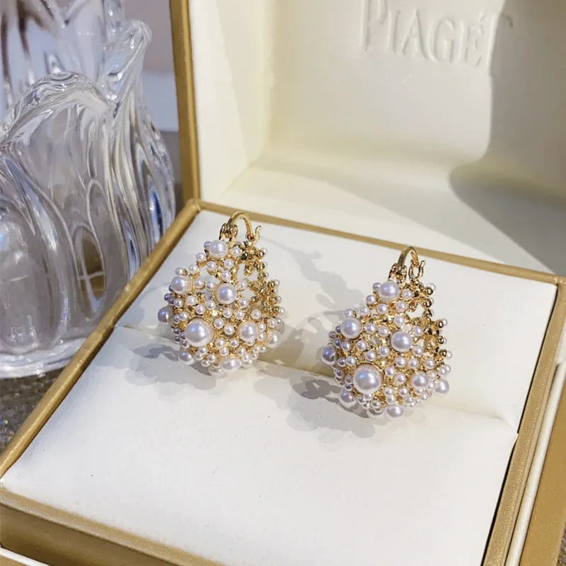 Gold copper women's flower basket earrings with small rice-shaped bead pearl inlay