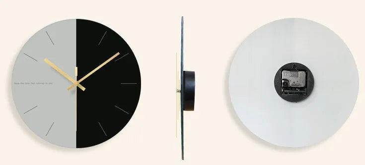 Minimalist transparent tempered glass wall clock with large 29.5 cm diameter face on a white wall.