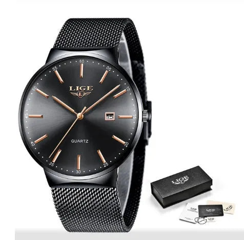 Stainless steel men's watch with 40mm dial, shown in black, blue, and black/blue colour variations.