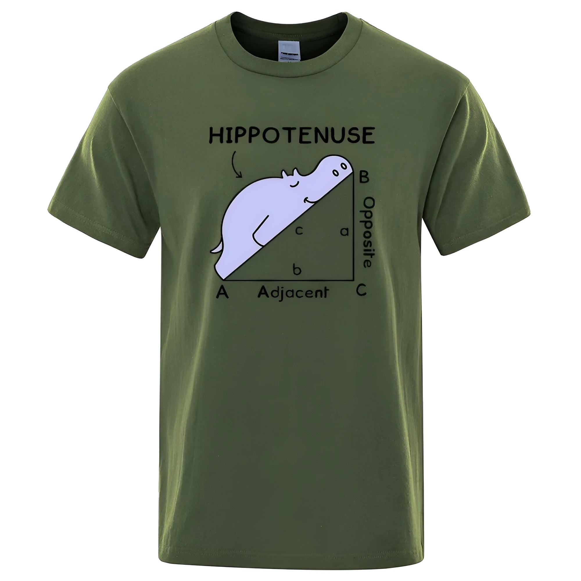 Funny Hippotenuse Opposite Adjacent mathematics print on a loose-fit cotton t-shirt.