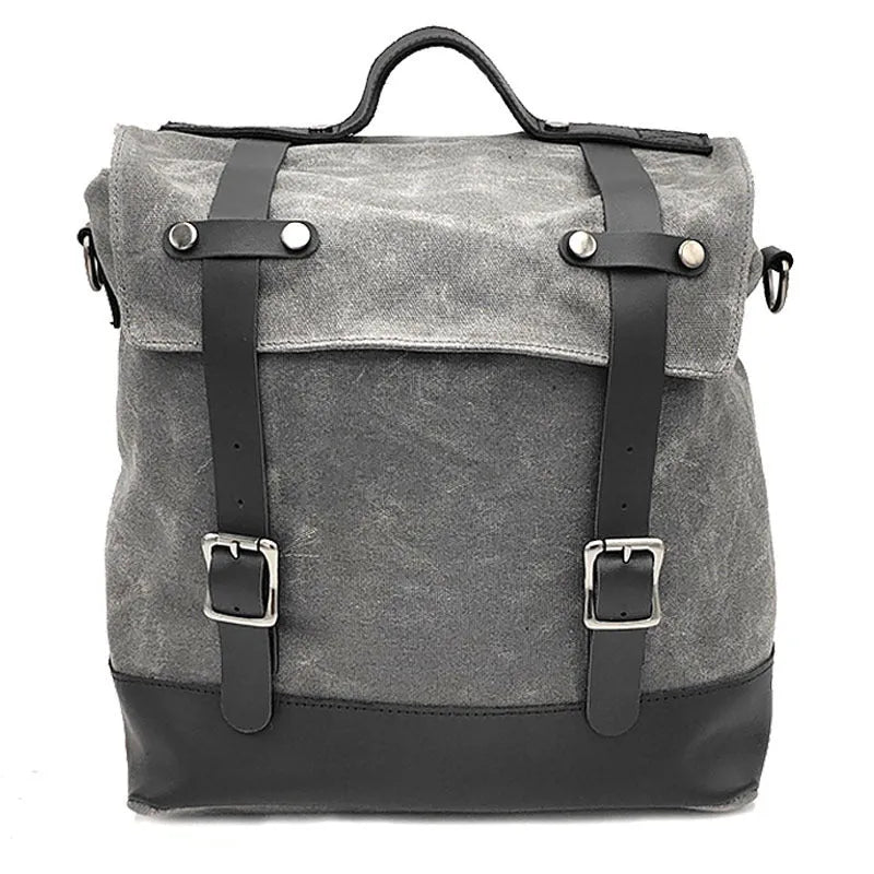 Thick waterproof canvas motorcycle side bag showing dimensions and black colour option