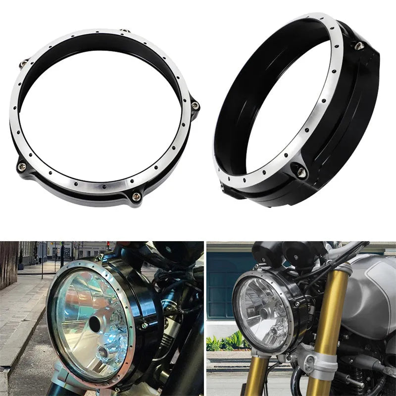 Black CNC aluminium headlight cover protective frame for BMW R NineT Scrambler motorcycle