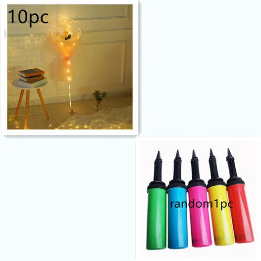 Transparent LED luminous balloon bouquet with artificial rose and glowing light inside, displayed as a DIY kit.
