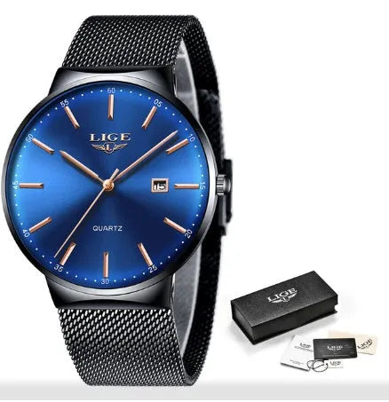 Stainless steel men's watch with 40mm dial, shown in black, blue, and black/blue colour variations.
