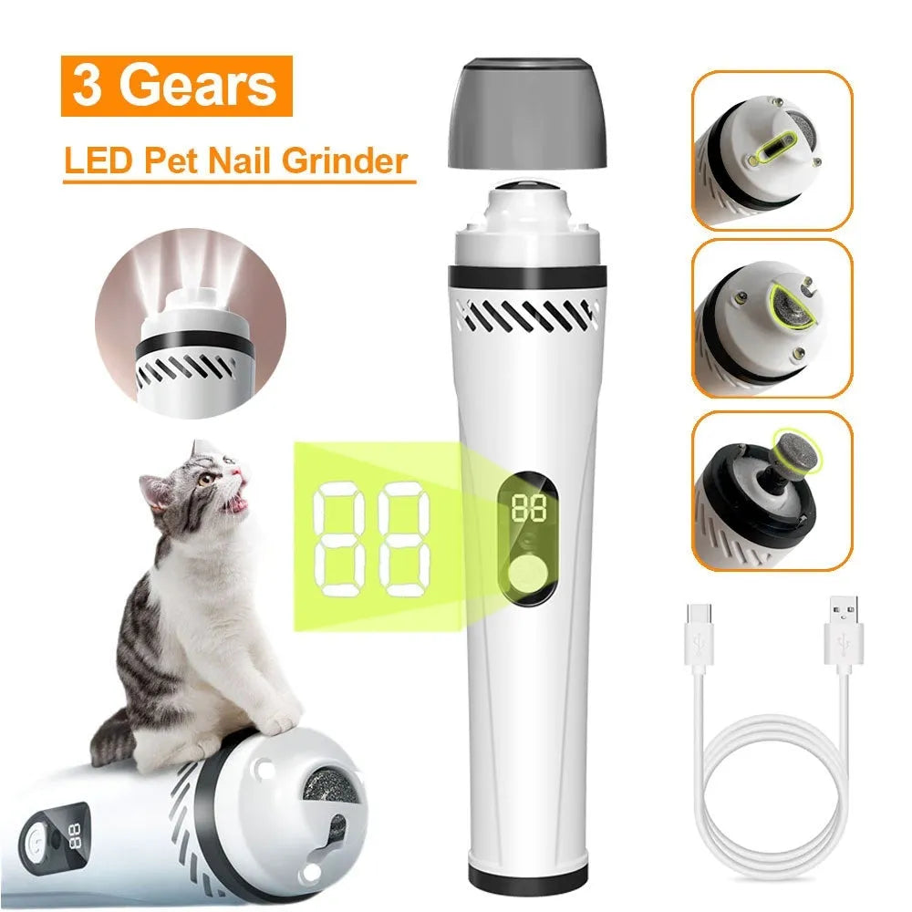 Electric dog nail grinder with LCD screen, LED lights, and a dust collection cup attached.