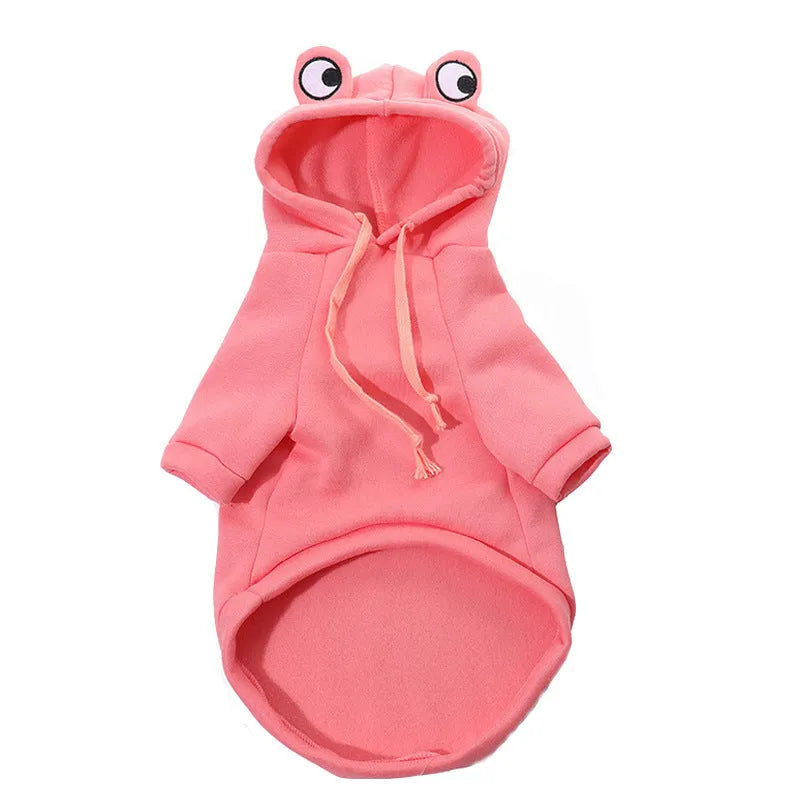 Green frog costume hoodie on small dog showing frog pattern design and hoodie style