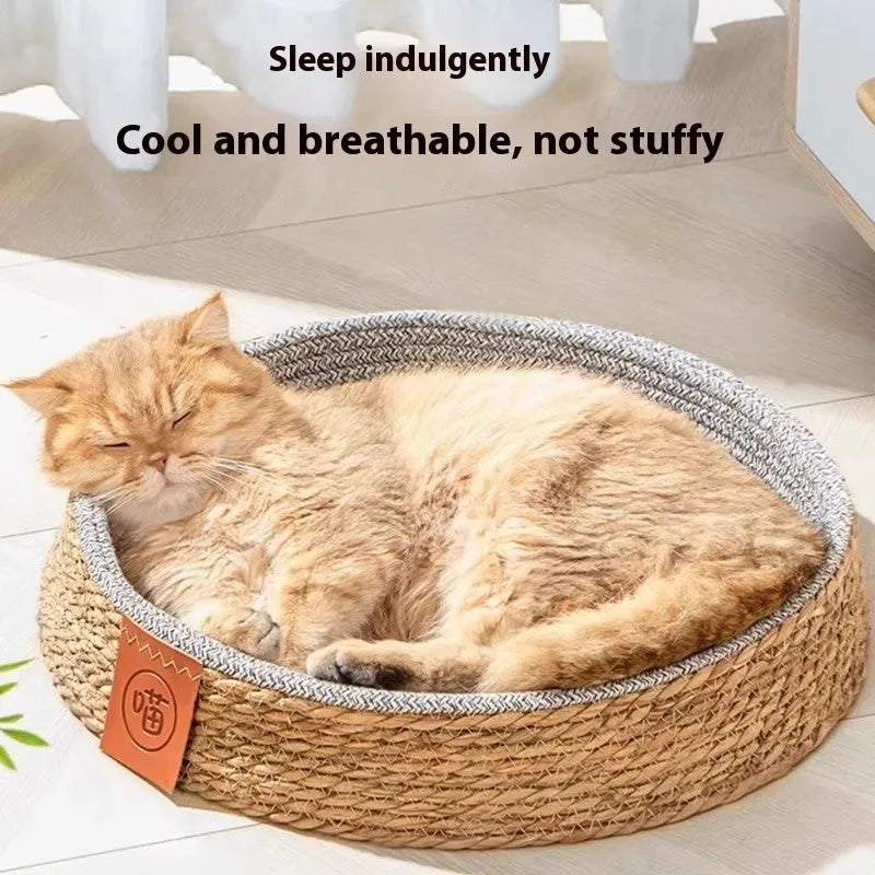 Rattan woven cat bed or nest for pets, shown in available sizes S, M, L, XL