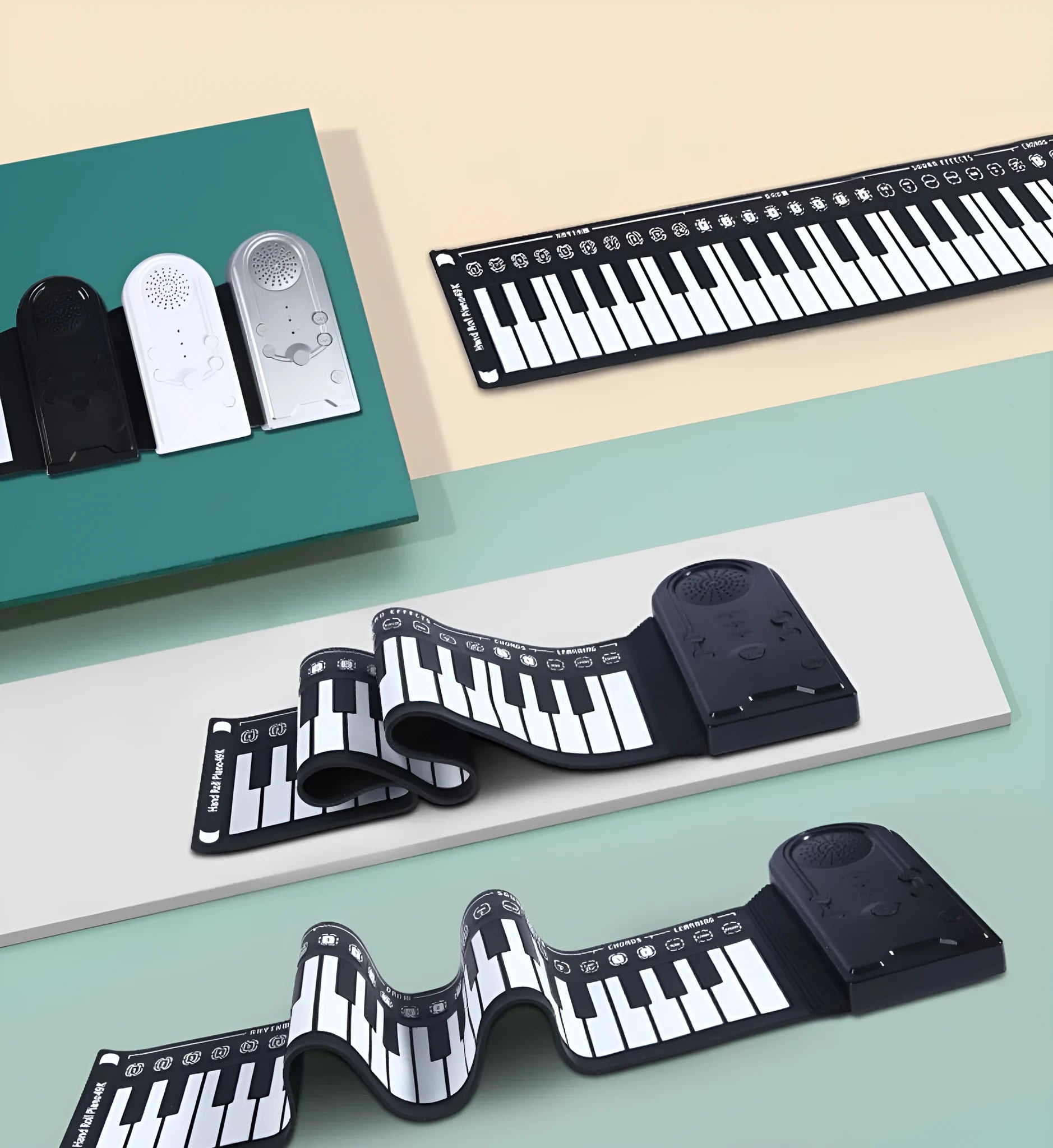 Glossy Black portable folding electronic keyboard with 49 silicone keys, shown both folded and unrolled.