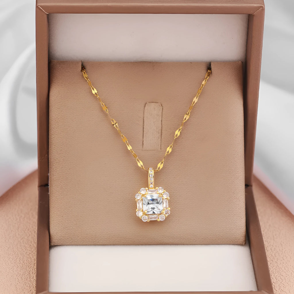 Gold titanium steel clavicle chain with geometric zircon inlaid pendant on water wave chain