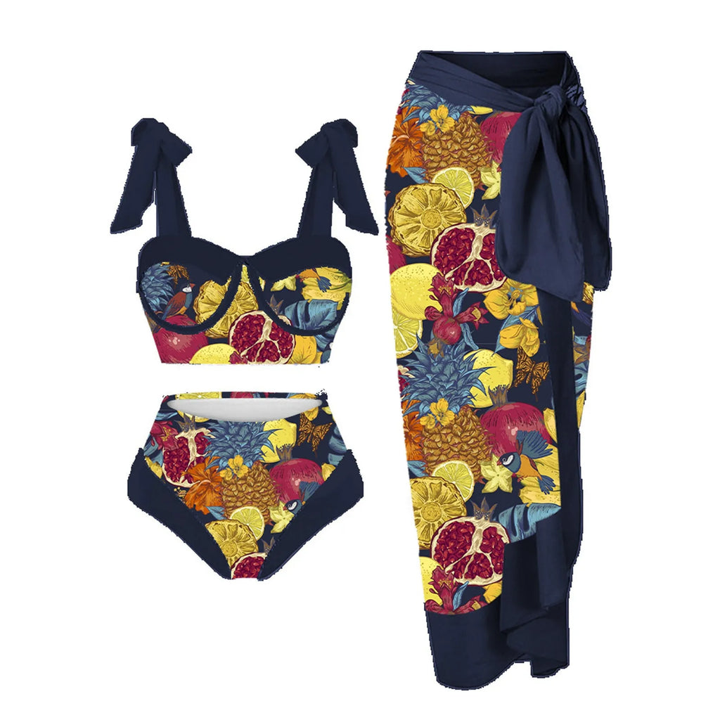 Women's pink printing split swimsuit three-piece set with skirt, bra, and panties.