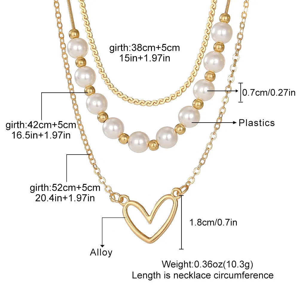 Vintage heart-shaped alloy necklace with pearl chain and electroplated gold finish