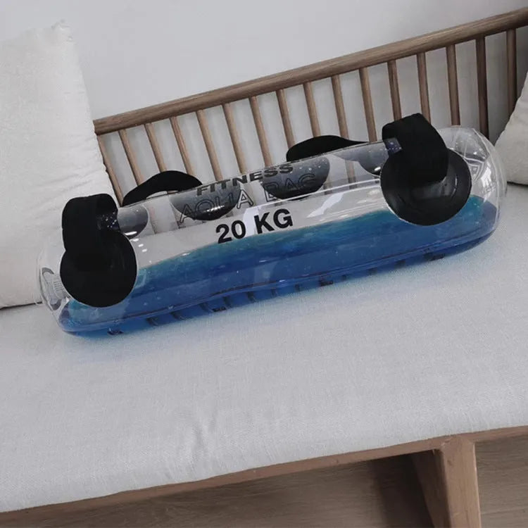 Transparent PVC inflatable weight lifting bag filled with water, showing weight scale options from 5kg to 35kg.