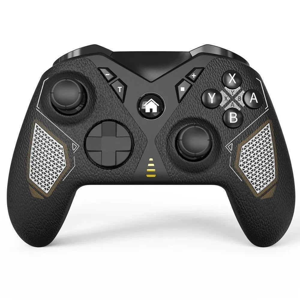 Black wireless game controller with leather pattern grip for Nintendo computer and mobile phone gaming