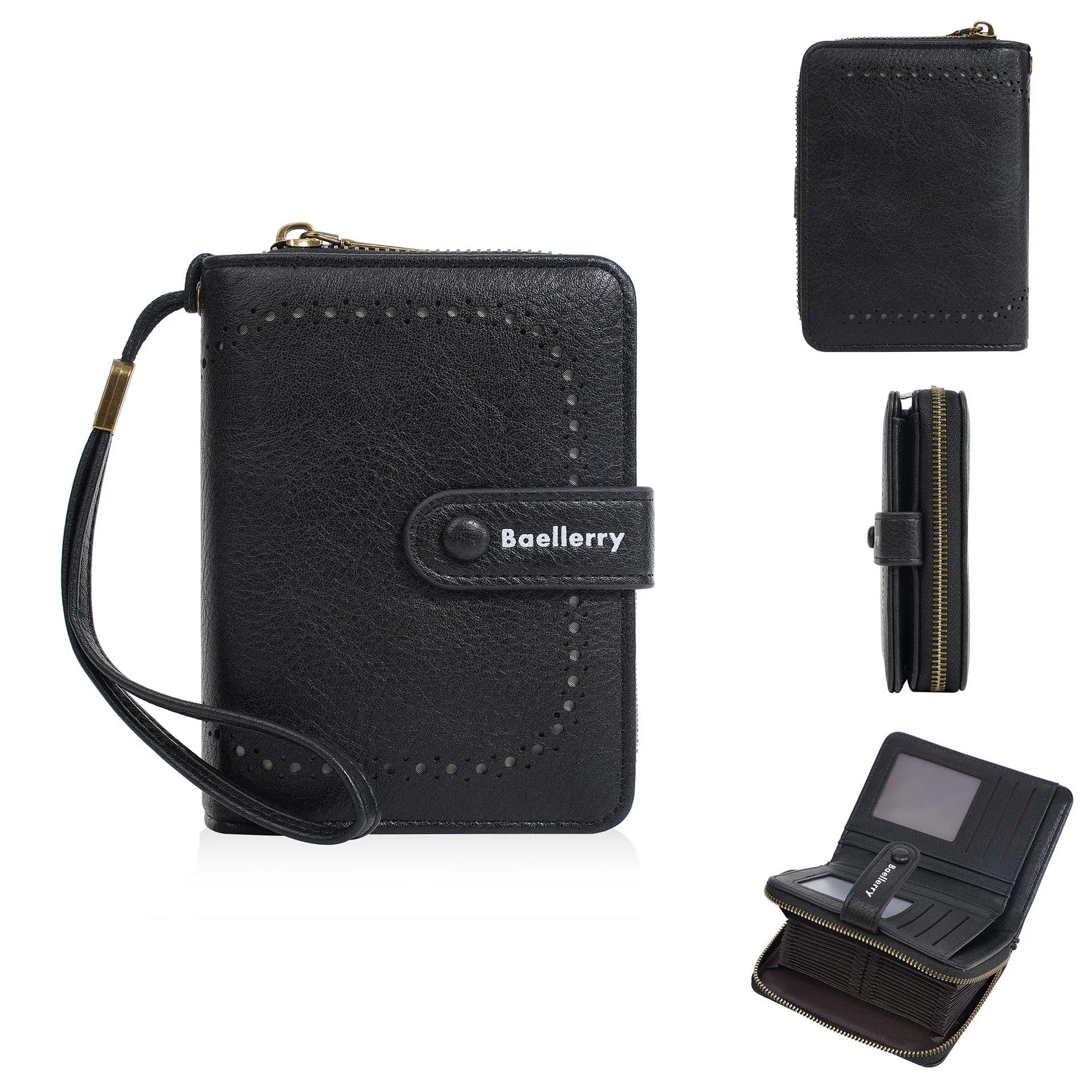 Women's black PU leather coin purse with zipper closure showing integrated wallet and card holder functions
