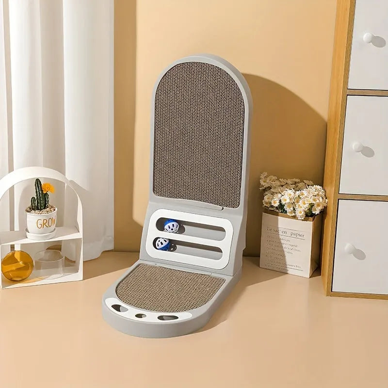 L-Shape vertical cat scratching board with textured jute surface in grey, green, or white colour.