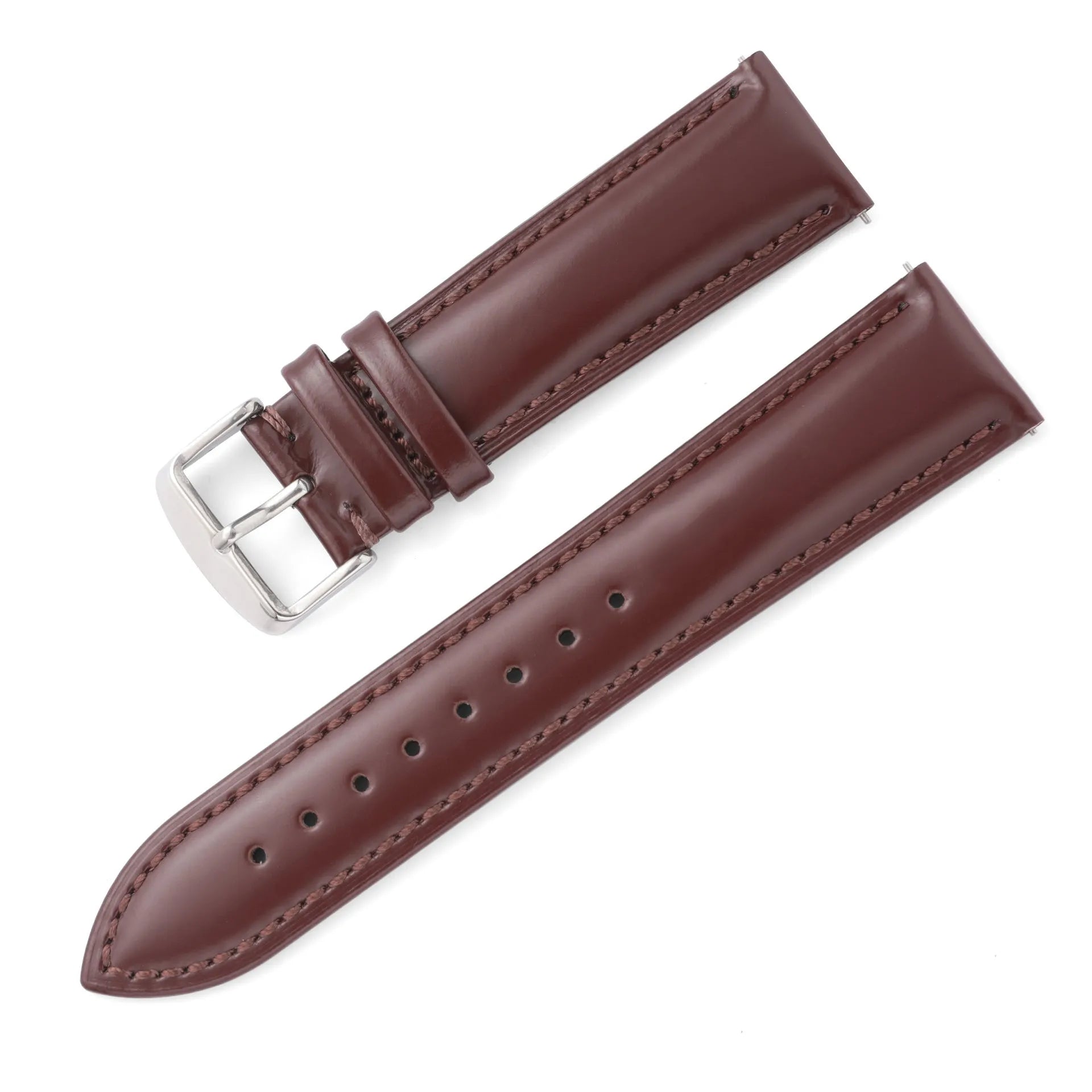 Quick release leather watch strap in bright cowhide, shown in various colours and widths on a watch
