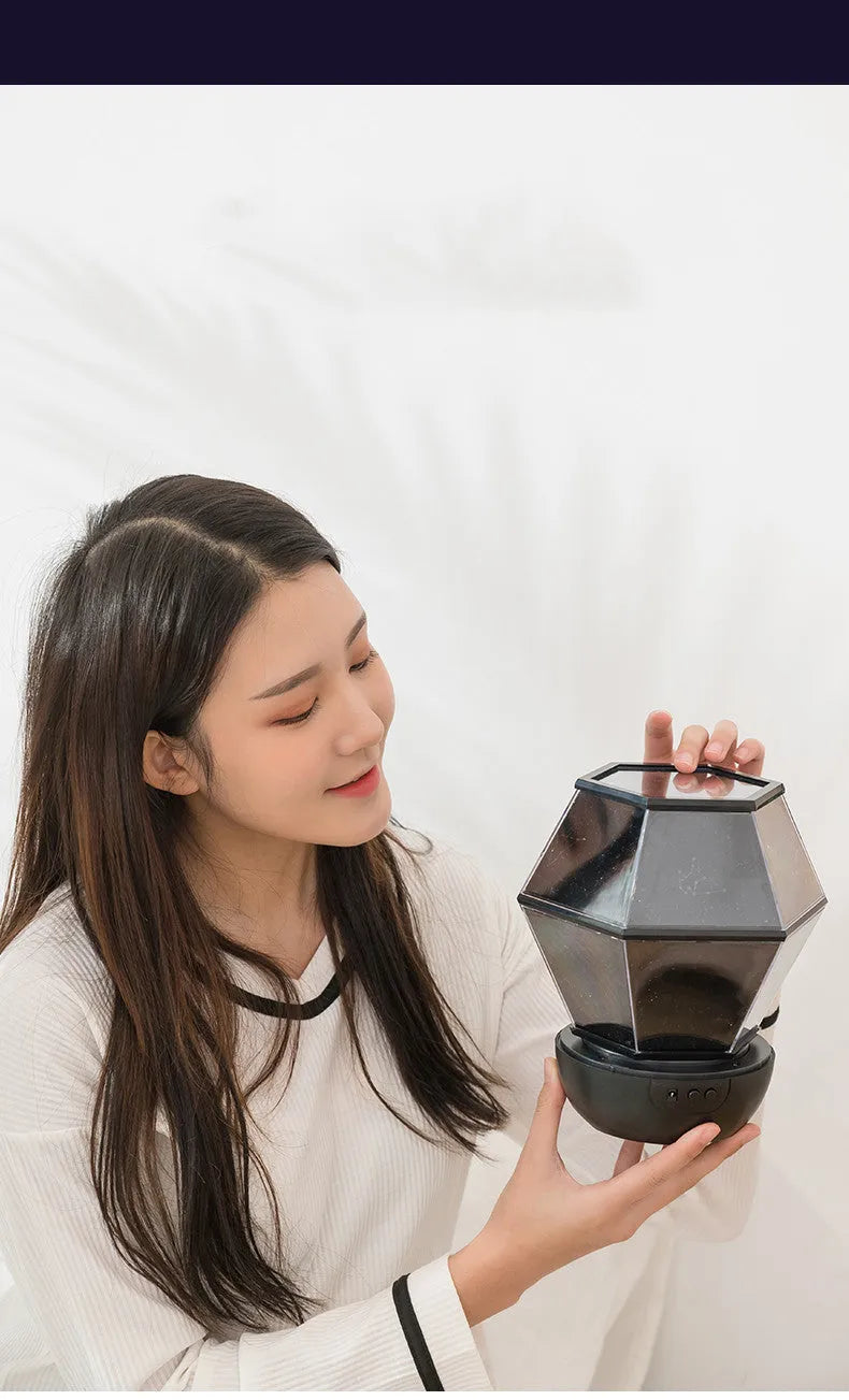 Children's LED night light projecting rotating three-colour stars onto a bedroom ceiling.