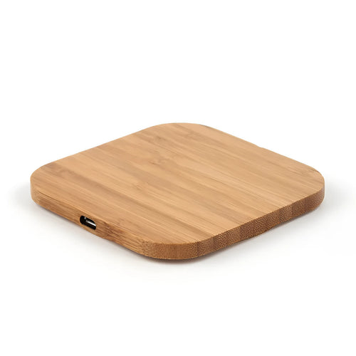Square bamboo wood 5W wireless charging pad with LED indicator lights.