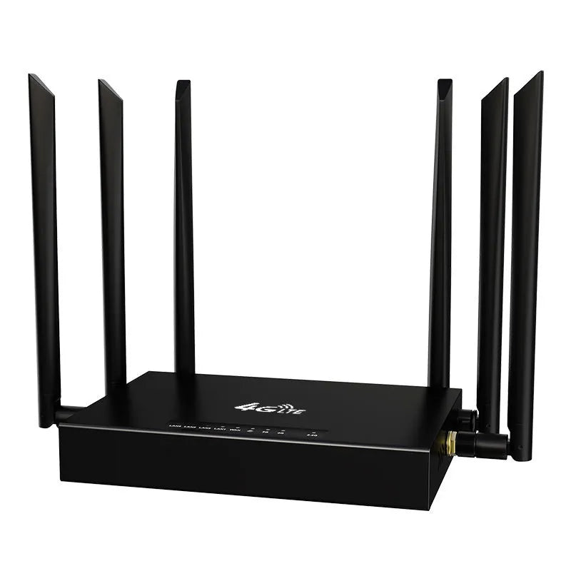 Industrial iron casing 4G router with removable antennas showing DC power interface