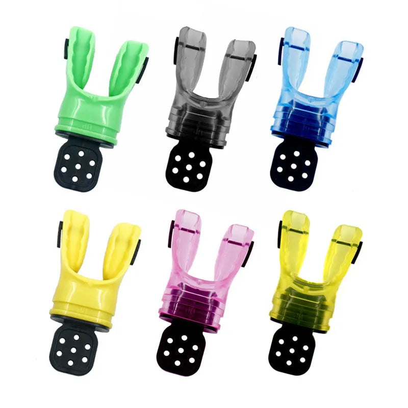 Silicone diving mouthpiece showing 110mm length and multiple colour options including black, blue, and transparent variants